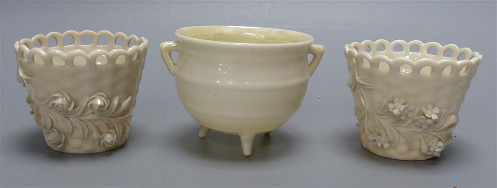 A Belleek cauldron and a pair of Belleek pots, tallest 6cm